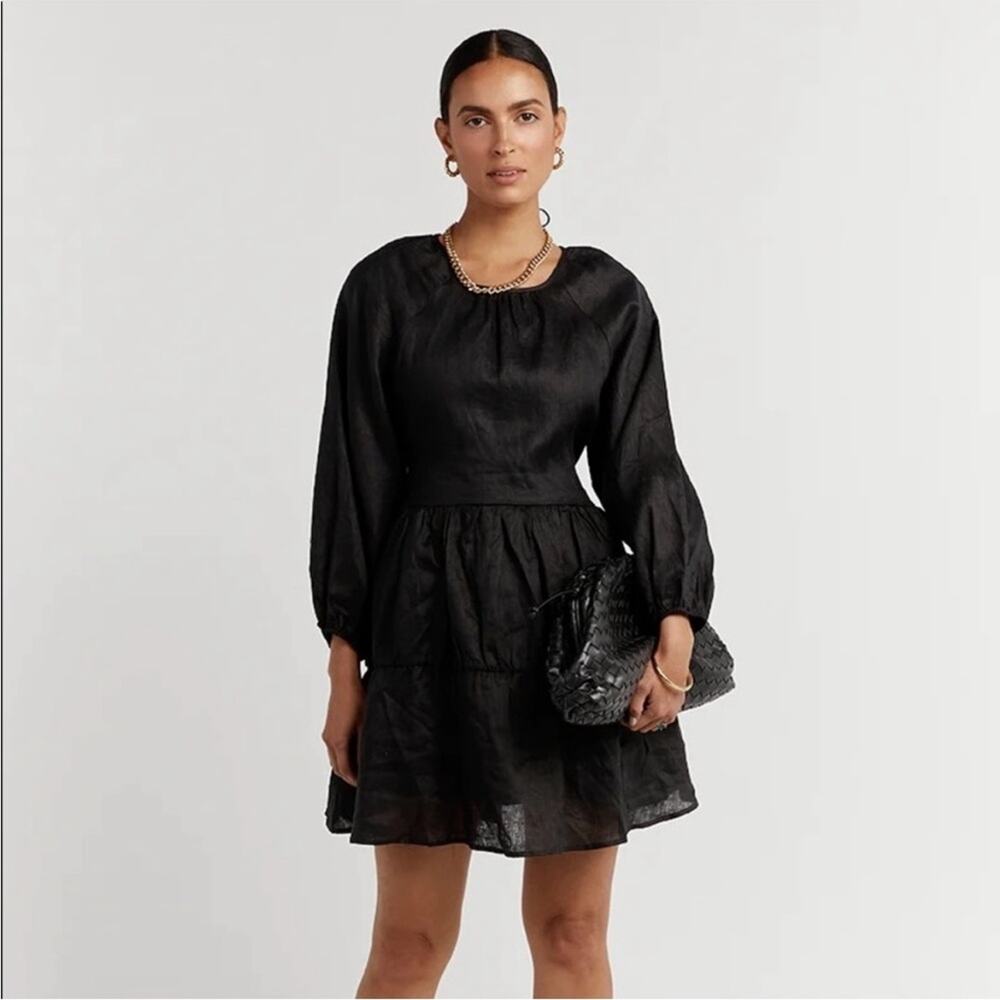 DISSH Lenore Black Long Sleeve Linen Tiered Mini Dress, Size AUS 14/US 10
